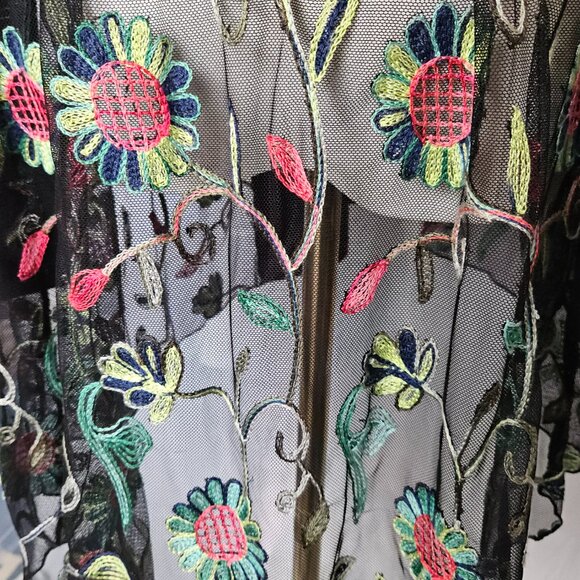 Kim & Cami Embroidered Mesh Floral Cardigan – Black Sheer Boho Layering Piece - Picture 7 of 12
